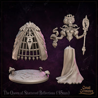 Close detail render of The Queen of Shattered Reflections by Great Grimoire — engraved corset, billowing quilted skirt hem, heart motifs along the gown's edge, and decorative scenic base with mushrooms and cracked stone.