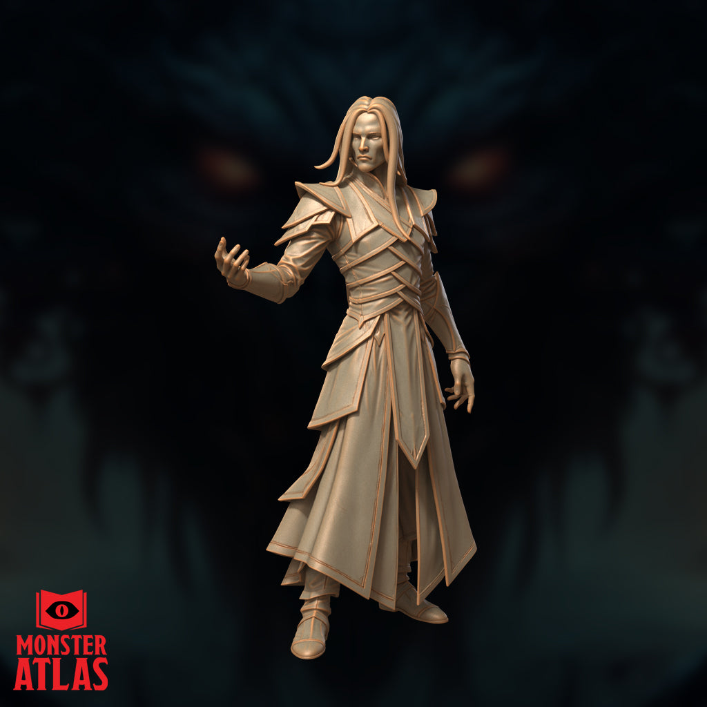 High elf archmage standing upright in layered floor-length robes with angular pauldrons, one hand raised open mid-incantation, long loose hair, calm expression. Sculpt by Monster Atlas.
