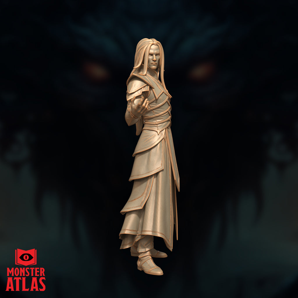 High elf archmage in layered robes and shoulder pauldrons, one hand raised with fingers curled around an unseen object, long straight hair, viewed from a three-quarter rear angle. Sculpt by Monster Atlas.