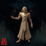 High elf archmage in multi-tiered floor-length robes with sharp collar and pauldrons, both arms slightly extended at his sides, long pale hair, composed and imperious expression. Sculpt by Monster Atlas.