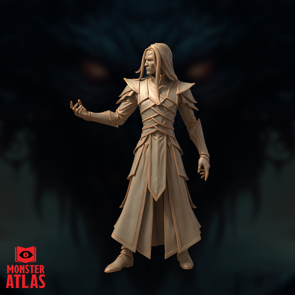High elf archmage in multi-tiered floor-length robes with sharp collar and pauldrons, both arms slightly extended at his sides, long pale hair, composed and imperious expression. Sculpt by Monster Atlas.