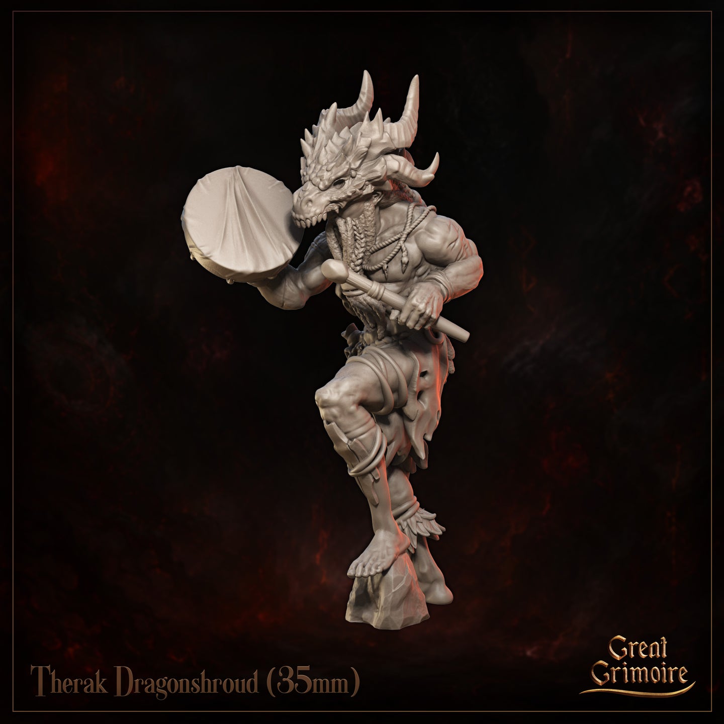 Dragonborn warrior striding forward with knee raised, holding a large round war drum, wearing bone bead necklaces and leather wrappings. Sculpt by Great Grimoire.