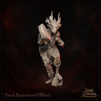 Dragonborn warrior mid-stride holding a broad rectangular cleaver-style blade at chest height, heavily muscled with scaled skin and swept-back horns. Sculpt by Great Grimoire.