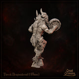 Dragonborn barbarian standing with a round shield gripped at his side, wearing a skull-adorned belt and feathered wrappings, horns curving back from a ridged brow. Sculpt by Great Grimoire.