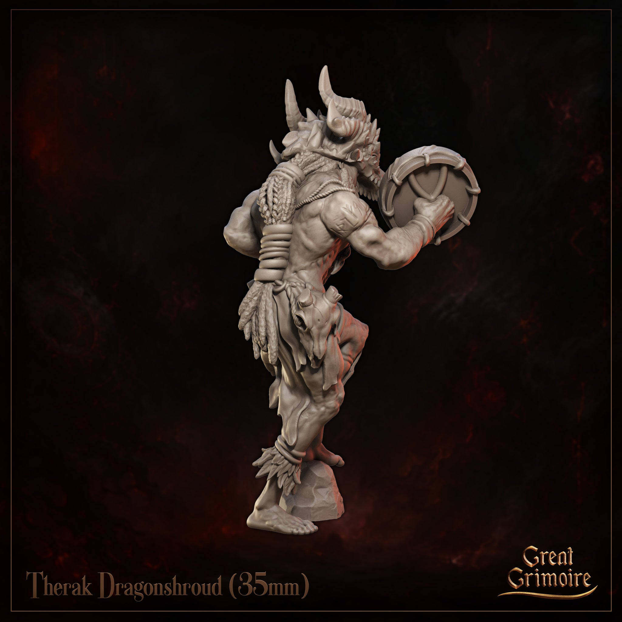 Dragonborn barbarian standing with a round shield gripped at his side, wearing a skull-adorned belt and feathered wrappings, horns curving back from a ridged brow. Sculpt by Great Grimoire.