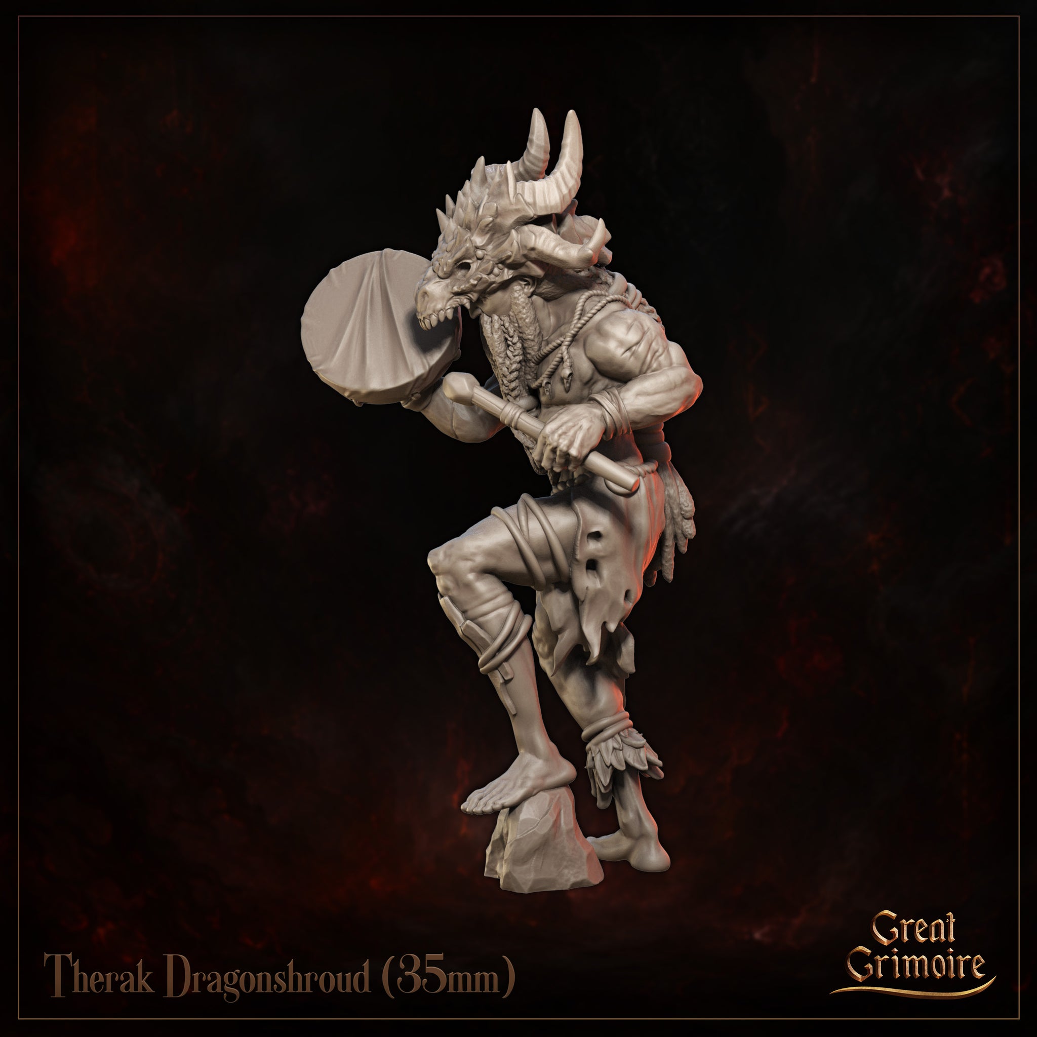 Therak Dragonshroud dragonborn miniature, three-quarter rear view showing scaled back musculature, braided cord details, and feathered lower garment. Sculpt by Great Grimoire.