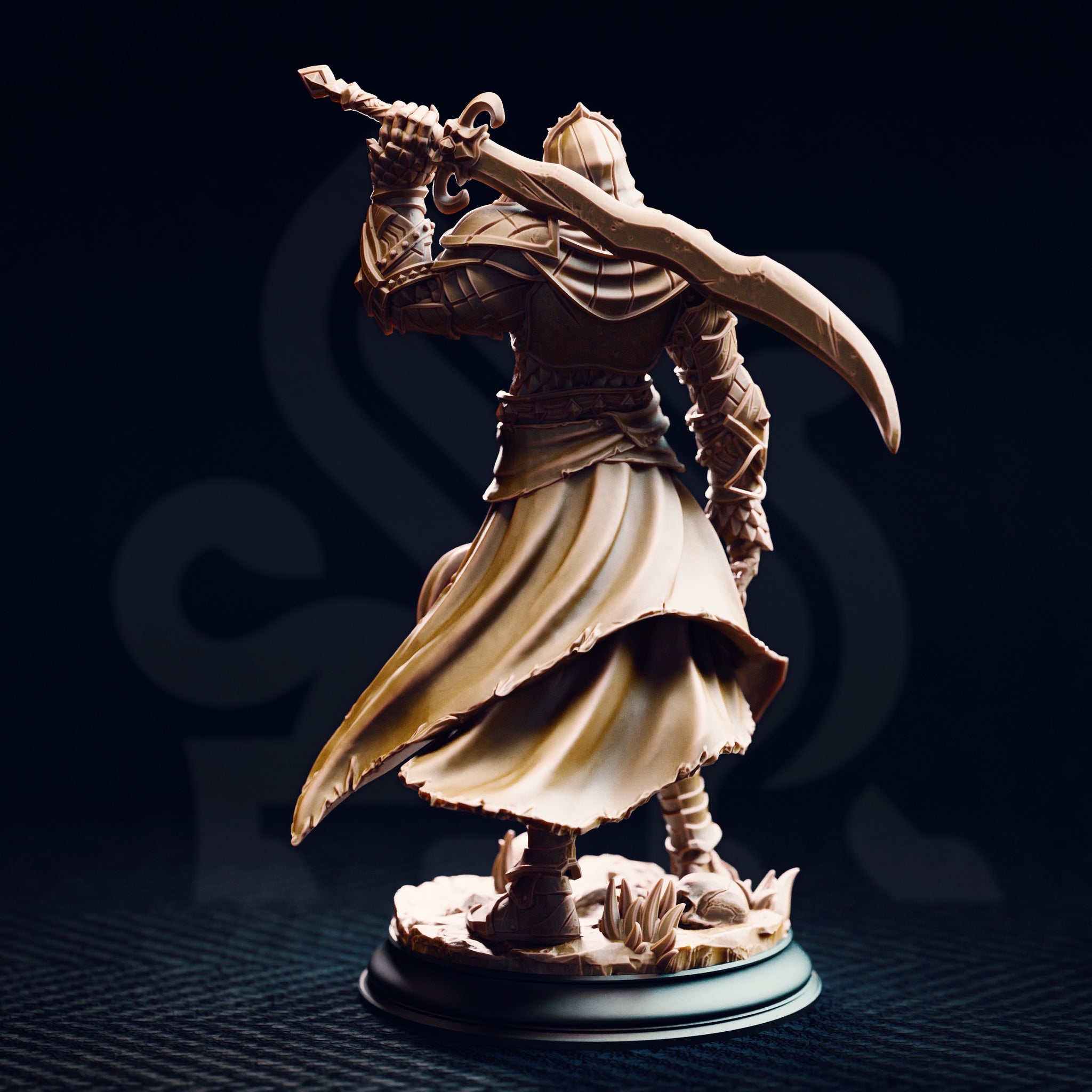 Unpainted cream resin photograph of Theubian miniature from the rear, highlighting the dramatic flowing cloak with ragged hem, lamellar back armour, and the raised curved blade, on a scatter terrain base with foliage and debris