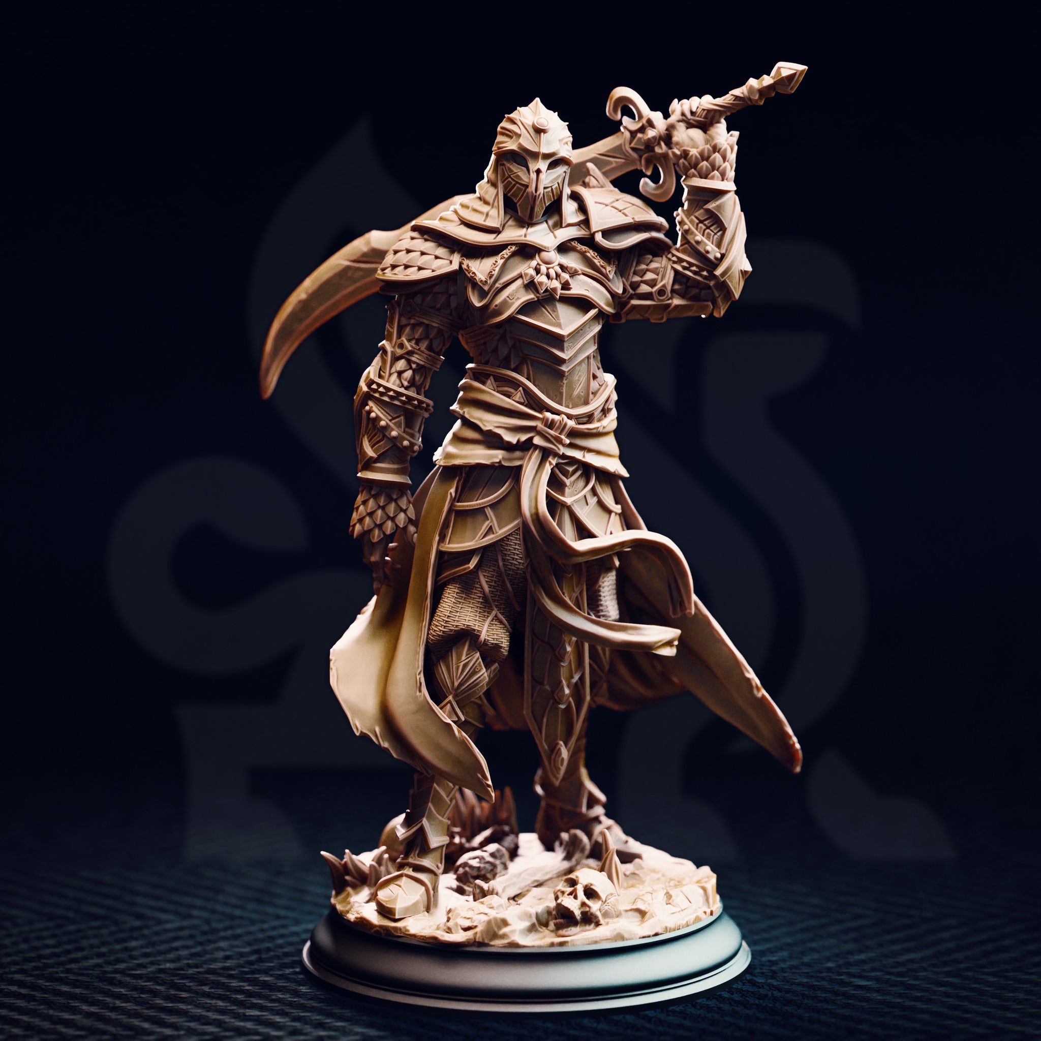 Unpainted cream resin photograph of Theubian miniature from the front, showing the detailed scale armour, layered pauldrons, sash, and decorative base with skull fragments, photographed against a dark background