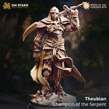 Unpainted cream resin render of Theubian, Champion of the Serpent — a heavily armoured elven warrior in full-faced visor helm, scale armour, and a billowing war-cloak, raising an ornate curved blade overhead, standing on a rubble-strewn base with scattered skulls