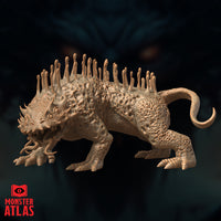 Digital render of the Thorny Vegepygmy miniature by Monster Atlas, seen from a side-on angle. The creature is in a low stalking stance, weight shifted forward onto its front claws. The full length of the spinal stalk ridge is visible, as are the deep texture of pits and nodules across the flanks and the curling hooked tail.