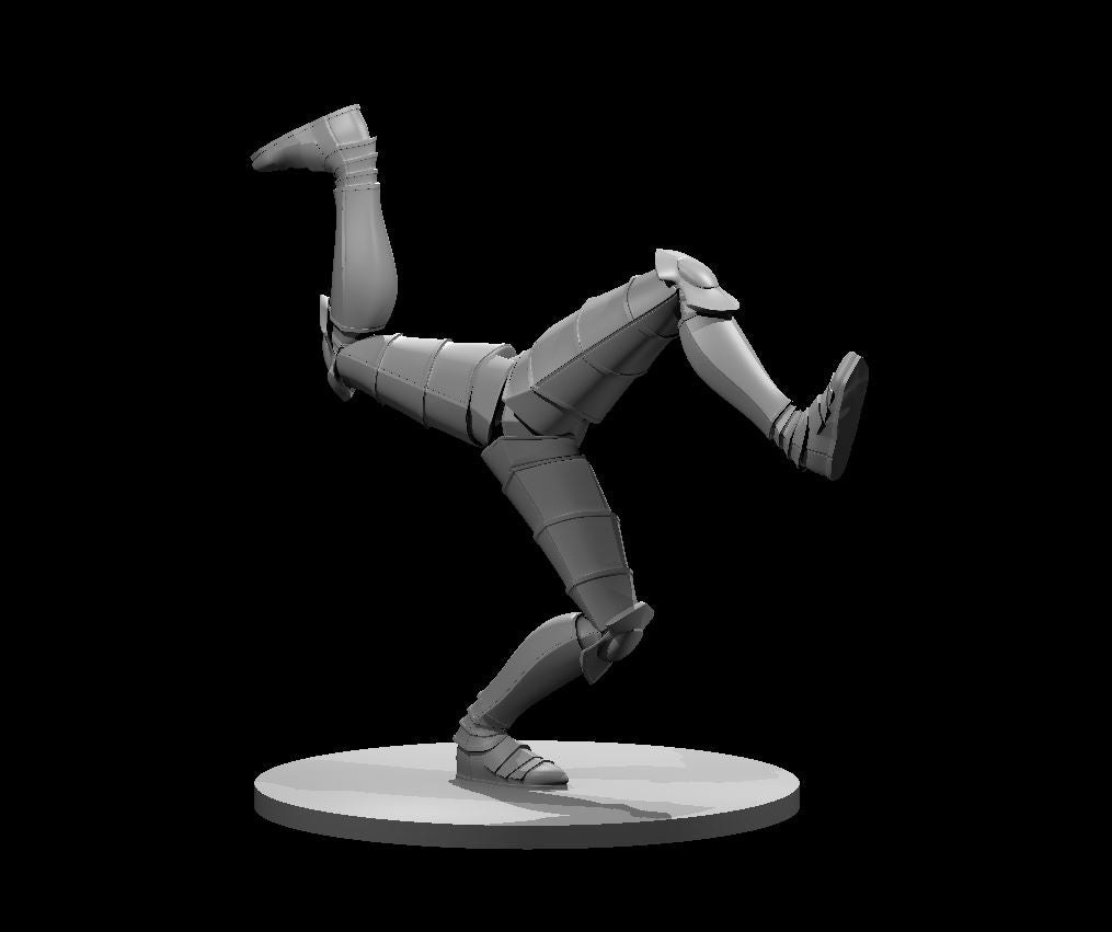 Headless three-legged armoured creature mid-stride, one leg raised high, two grounded at odd angles, wearing segmented plate greaves and knee guards. Sculpt by MZ4250.