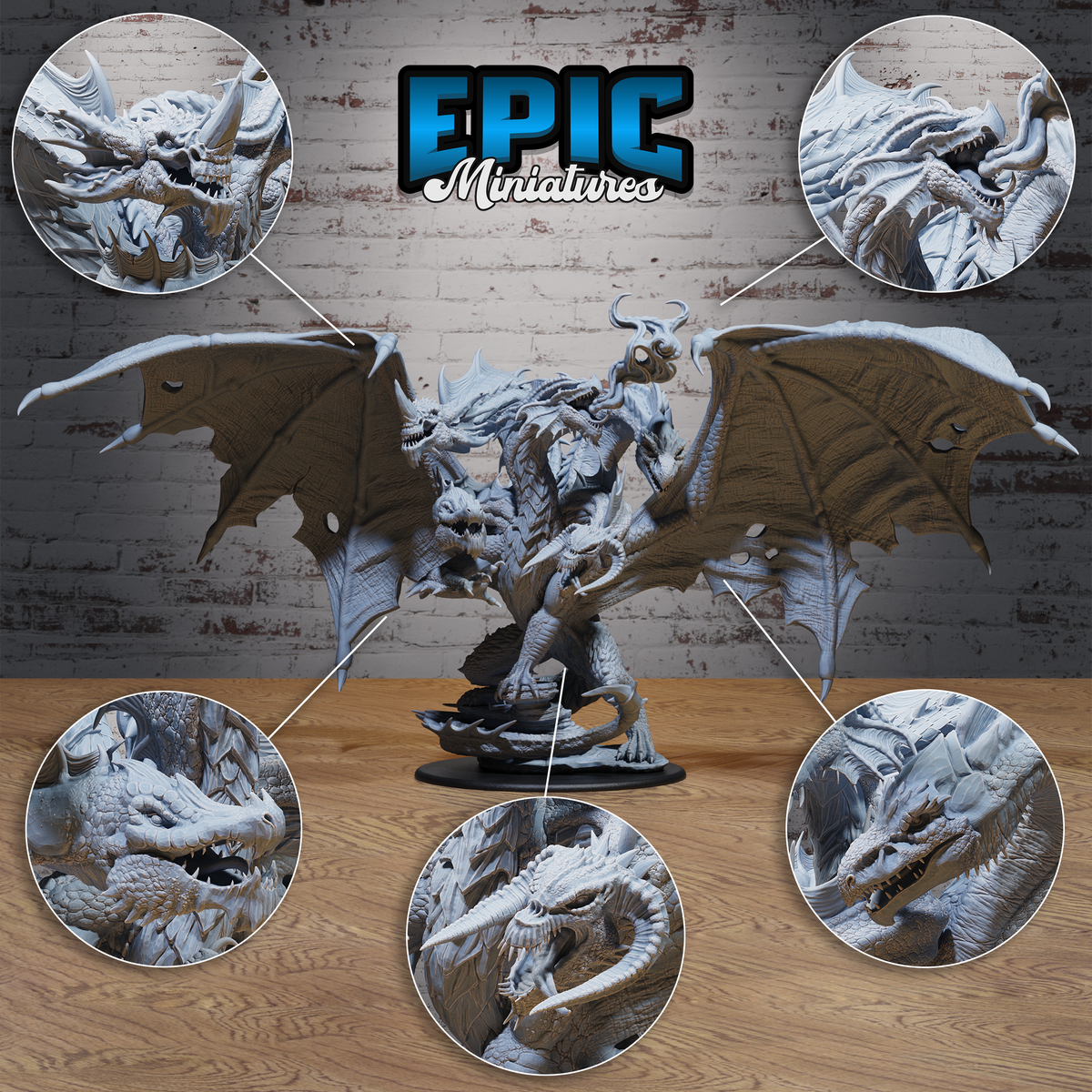 Epic Tiamat resin miniature by Epic Miniatures shown with five close-up detail callouts highlighting each of the five snarling dragon heads, wing membrane texture, and scaled torso.