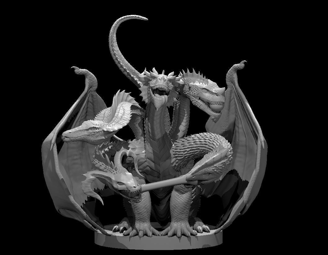 Five-headed dragon wyrmling with wings spread wide, each neck raised and snarling independently, thick scaled body hunched forward on clawed feet. Sculpt by MZ4250.