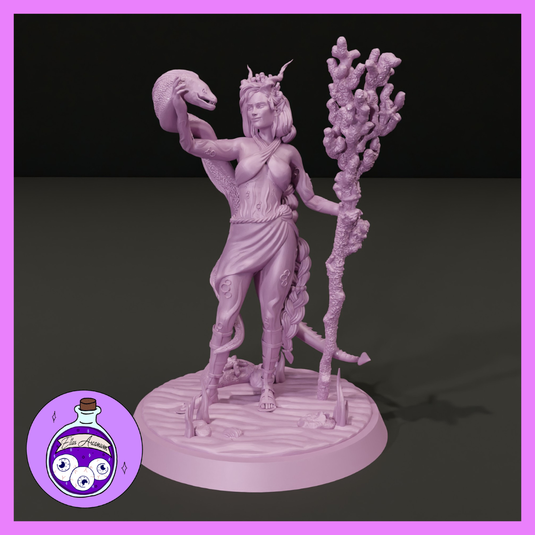 Digital render of an unpainted female tiefling druid miniature at 32mm scale. She stands confidently with small horns and braided hair, her right arm raised holding a living serpent, and her left hand gripping a tall gnarled coral staff. A snake coils around her forearm and leg. The sculpted base features scattered bone fragments and desert stone. Artist logo for Ella's Arcanum Minis visible in the lower left corner.