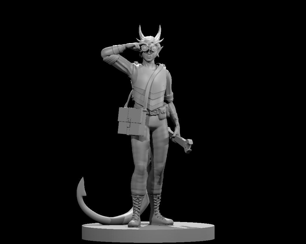 Grey resin digital render of a female tiefling artificer miniature at 32mm scale — she has small horns, wild hair, and goggles pushed up on her forehead. She stands in a relaxed saluting pose, holding a large wrench in one hand, with a square satchel slung across her body and a tool belt at her waist. Her lace-up boots and layered gear suggest a field engineer. Sculpted by MZ4250.