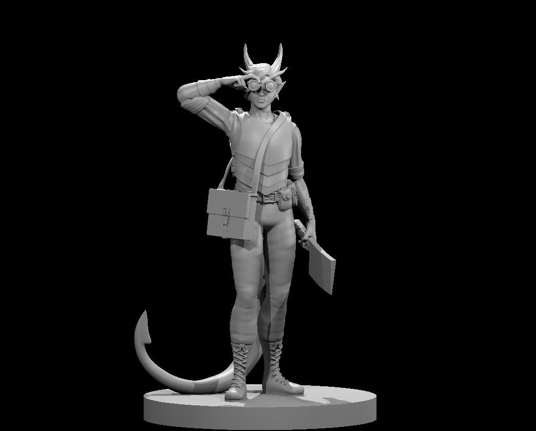 Grey resin 3D printed miniature of a female tiefling artificer at 32mm scale. The figure stands in a confident pose, one hand raised to adjust her brass-framed goggles, small horns swept back from her head. She carries a satchel across her chest and holds a cleaver at her side. Lace-up boots and a hooked tail are visible. Unpainted digital render on a plain circular base, shown against a black background.