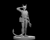 Grey resin 3D printed miniature of a female tiefling artificer at 32mm scale. The figure stands in a confident pose, one hand raised to adjust her brass-framed goggles, small horns swept back from her head. She carries a satchel across her chest and holds a cleaver at her side. Lace-up boots and a hooked tail are visible. Unpainted digital render on a plain circular base, shown against a black background.