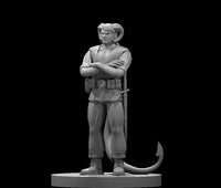 Unpainted grey resin digital render of a male tiefling rogue miniature at 32mm scale, standing with arms crossed, ram horns curving back over short hair, a barbed tail sweeping behind him, pouched utility belt at his waist, short blade at his hip, and laced boots — confident, relaxed pose on a flat round base