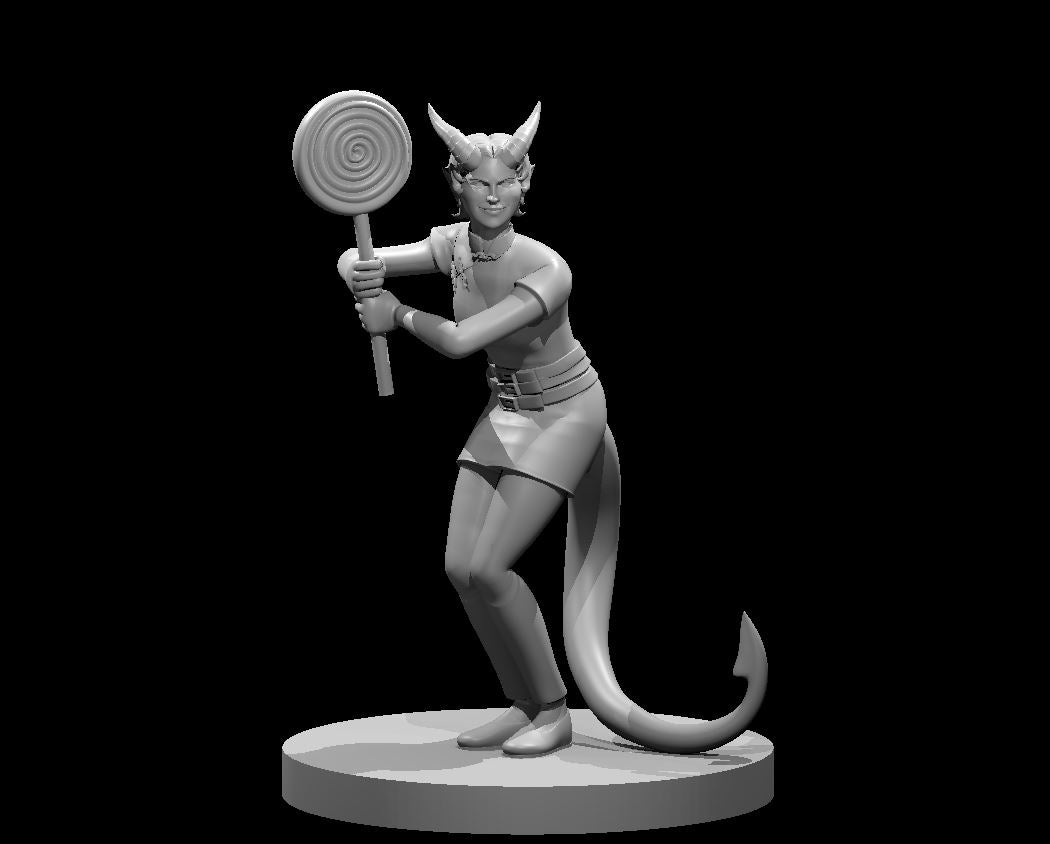 Tiefling female warlock in a combat crouch, holding a large lollipop staff two-handed. Curved horns, barbed tail, cropped top and waist belt. Sculpt by MZ4250.