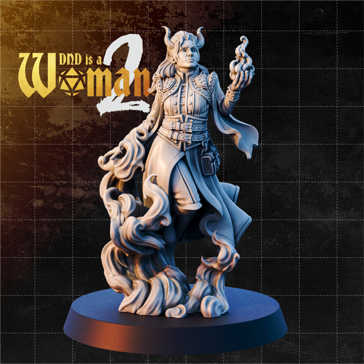 Tiefling sorcerer with small curved horns, striding forward in a long military coat, one hand raised with conjured flame. Sculpted base of rising fire swirls around her feet. Sculpt by DnD Is A Woman.