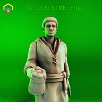 Digital render of Toblen Stonehill miniature by The Toadstool Weaver — a human male innkeeper in plain belted robes, extending a wooden tankard forward with a cautious, welcoming expression, curly hair, 32mm scale unpainted resin miniature for D&D NPC encounters