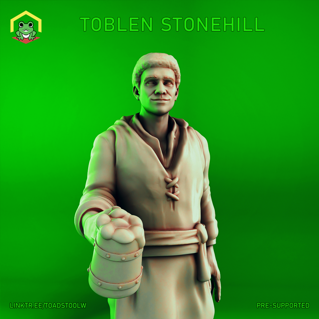 Digital render of Toblen Stonehill miniature by The Toadstool Weaver — a human male innkeeper in plain belted robes, extending a wooden tankard forward with a cautious, welcoming expression, curly hair, 32mm scale unpainted resin miniature for D&D NPC encounters