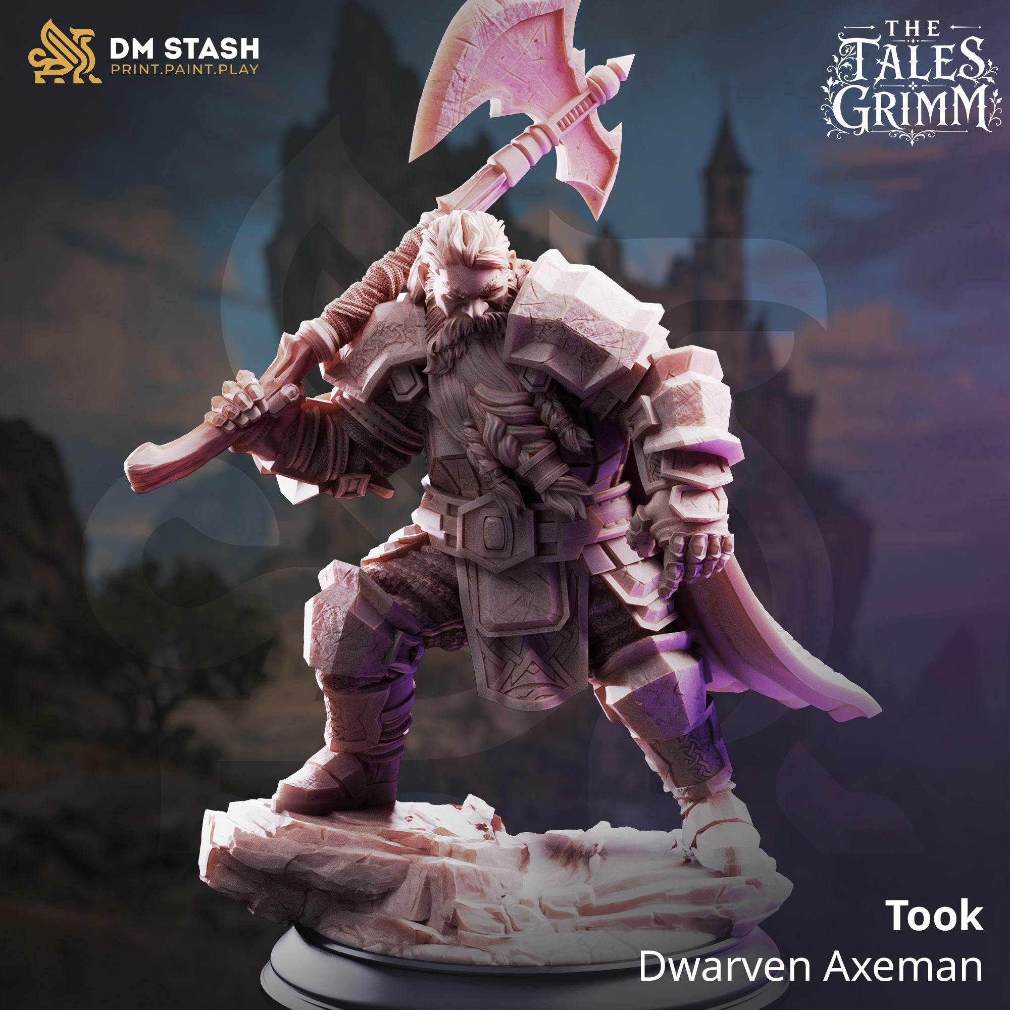Rear view of a dwarven warrior showing a billowing scale-pattern cloak, angular armoured pauldrons, and a runic greataxe gripped two-handed, base covered in broken rocky rubble. Sculpt by DM Stash.
