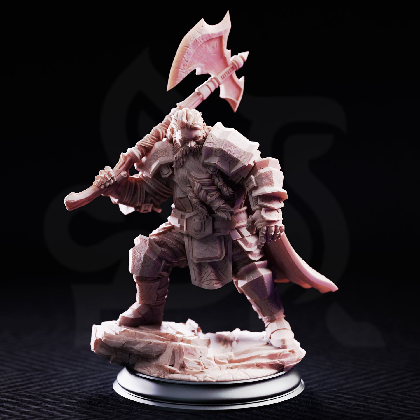 Dwarf axeman in engraved angular plate armour, wide-legged combat stance, greataxe raised high, braided beard, determined expression, mounted on a shattered stone scenic base. Sculpt by DM Stash.