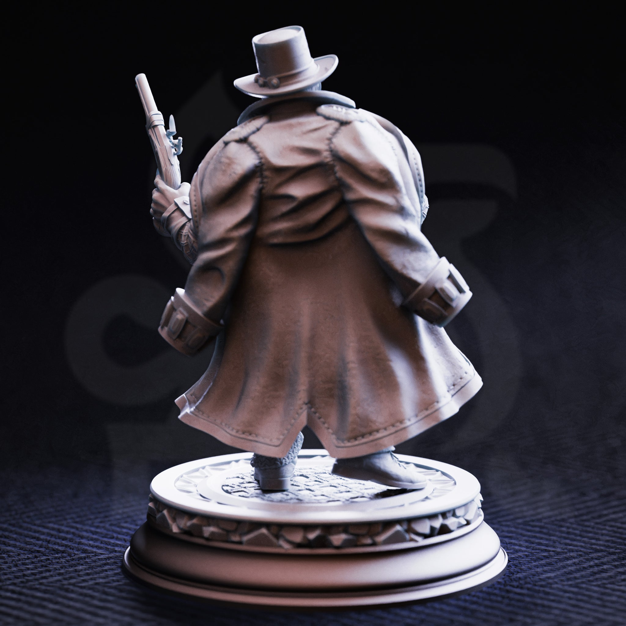 Rear view of the unpainted grey resin Torgrik Tall Hat miniature — showing the full sweep of his longcoat with detailed fabric folds, one pistol raised, and the ornate decorative base beneath him.