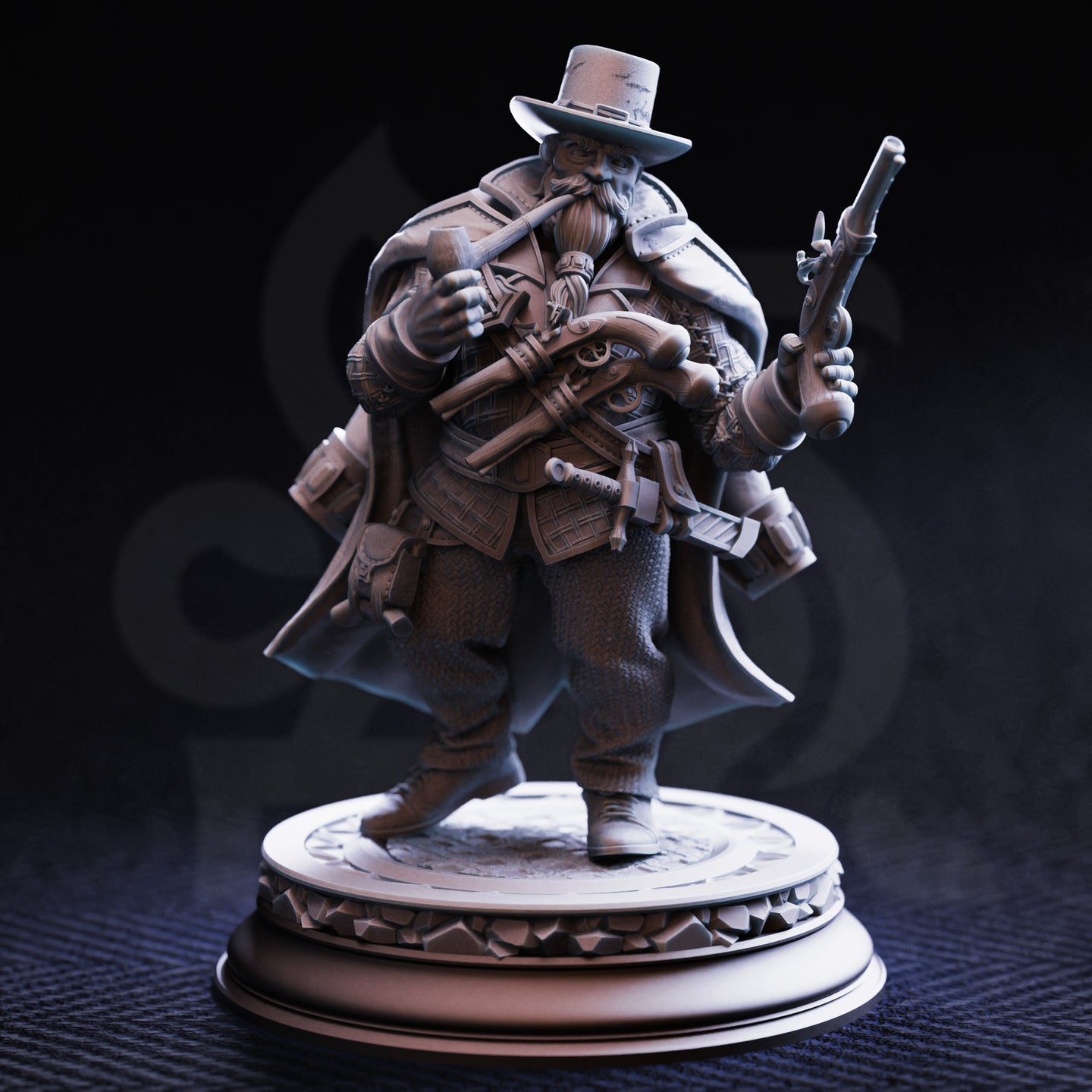 Unpainted grey resin miniature of Torgrik Tall Hat from the front — dwarven gangster with two flintlock pistols, chainmail beneath a heavy coat, daggers at his belt, and a battered hat, mounted on a detailed decorative cobblestone base.