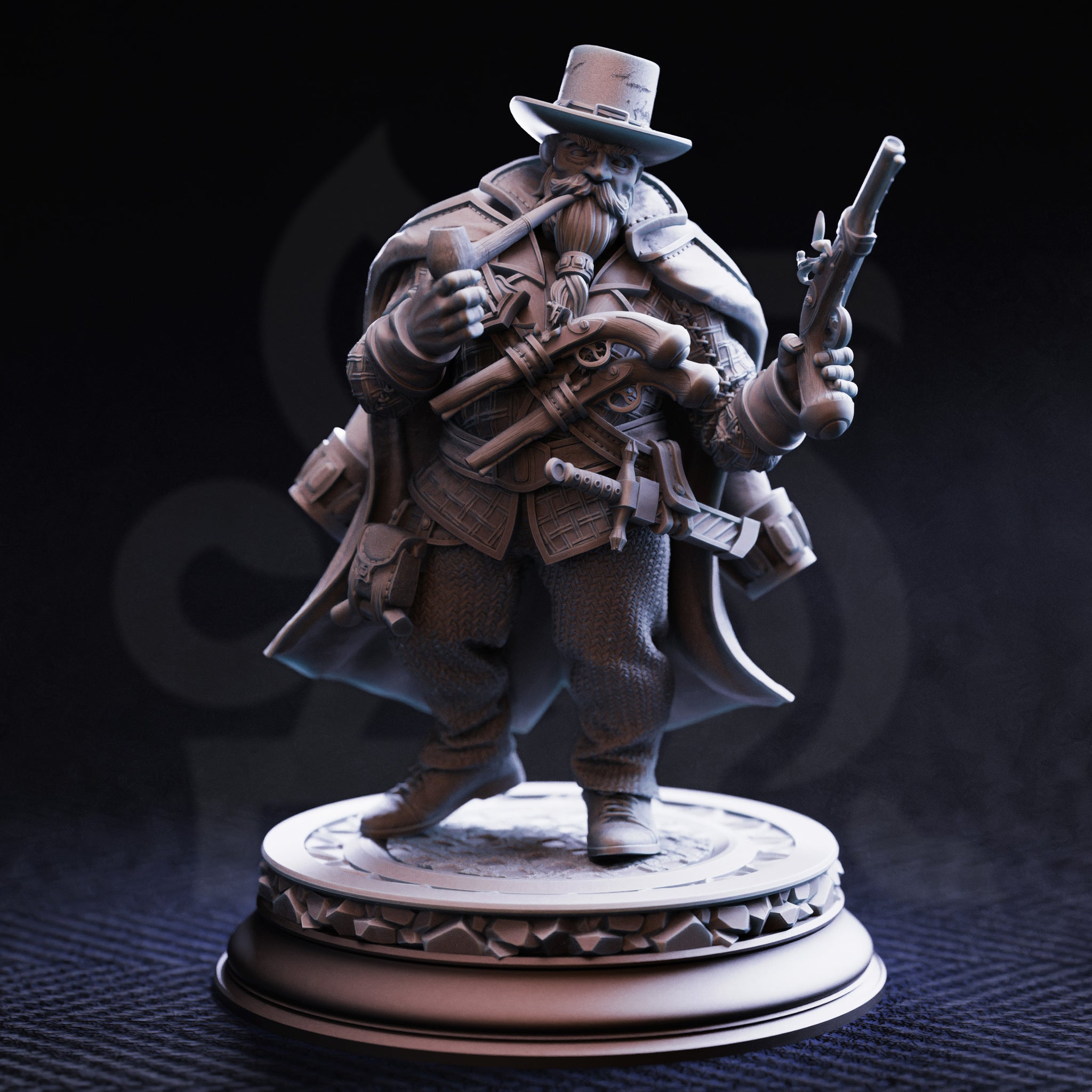 Unpainted grey resin miniature of Torgrik Tall Hat from the front — dwarven gangster with two flintlock pistols, chainmail beneath a heavy coat, daggers at his belt, and a battered hat, mounted on a detailed decorative cobblestone base.