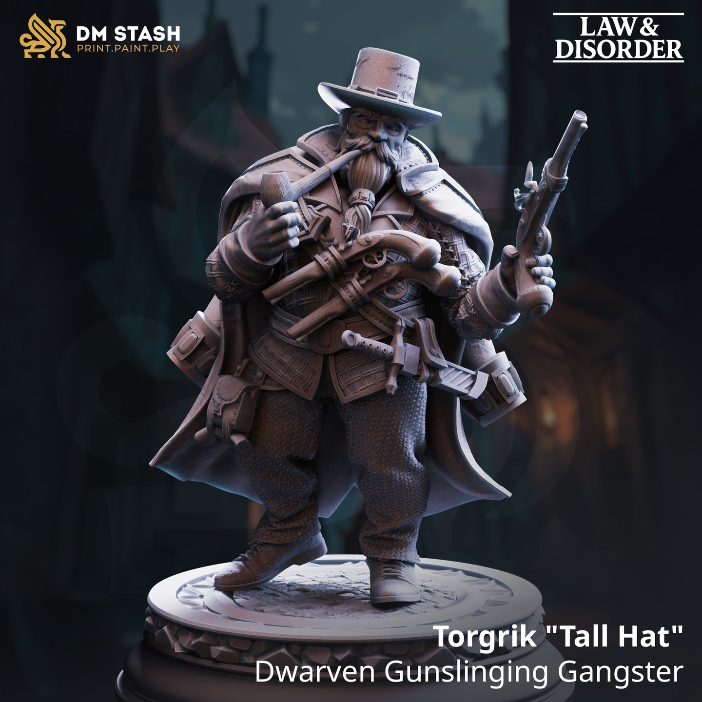 Digital render of Torgrik Tall Hat dwarven gunslinger miniature — stocky dwarf in a longcoat and wide-brimmed hat, levelling a flintlock pistol in his right hand while bracing a second across his chest, pipe in mouth, on a cobblestone base. DM Stash Law and Disorder collection.