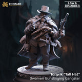 Digital render of Torgrik Tall Hat dwarven gunslinger miniature — stocky dwarf in a longcoat and wide-brimmed hat, levelling a flintlock pistol in his right hand while bracing a second across his chest, pipe in mouth, on a cobblestone base. DM Stash Law and Disorder collection.