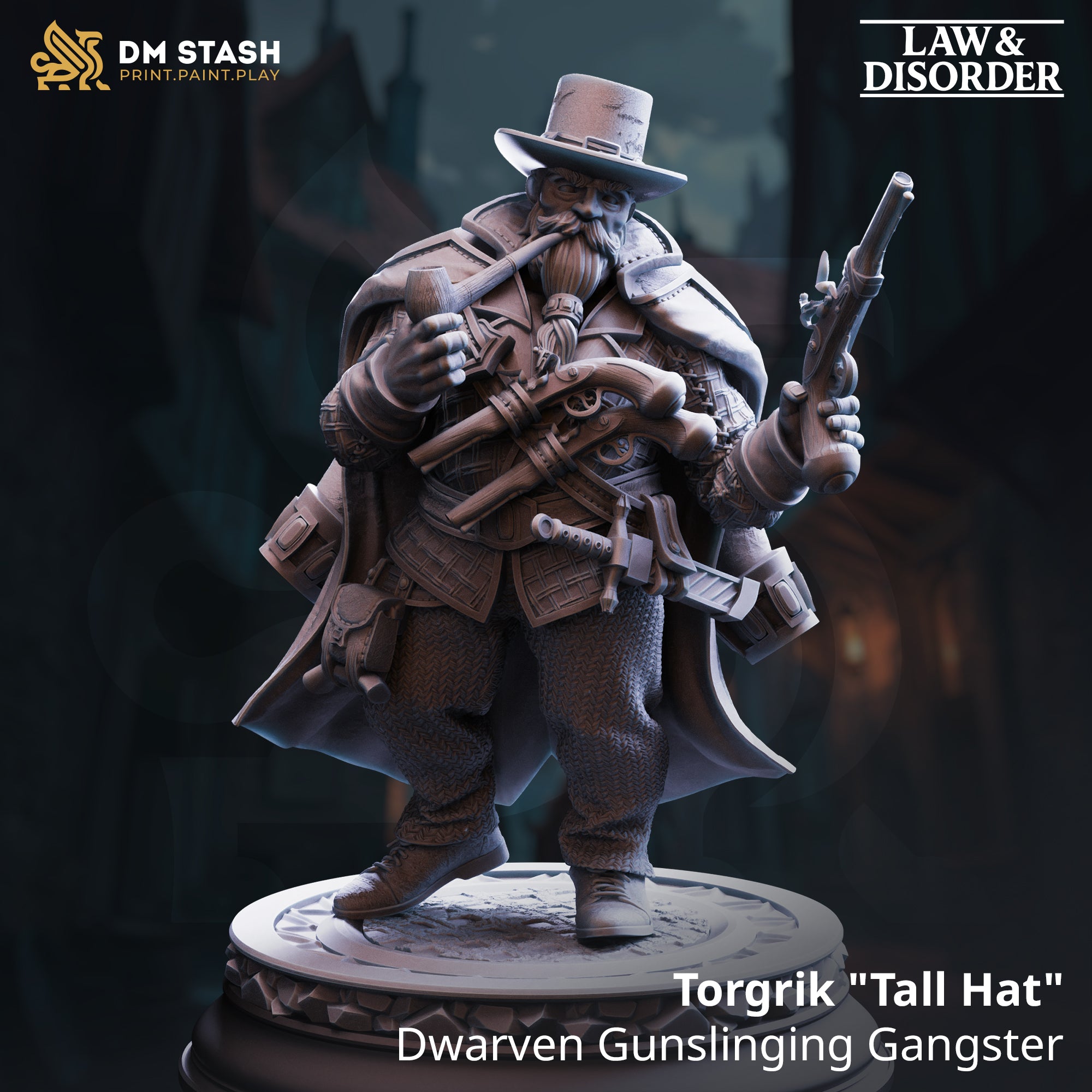Digital render of Torgrik Tall Hat dwarven gunslinger miniature — stocky dwarf in a longcoat and wide-brimmed hat, levelling a flintlock pistol in his right hand while bracing a second across his chest, pipe in mouth, on a cobblestone base. DM Stash Law and Disorder collection.