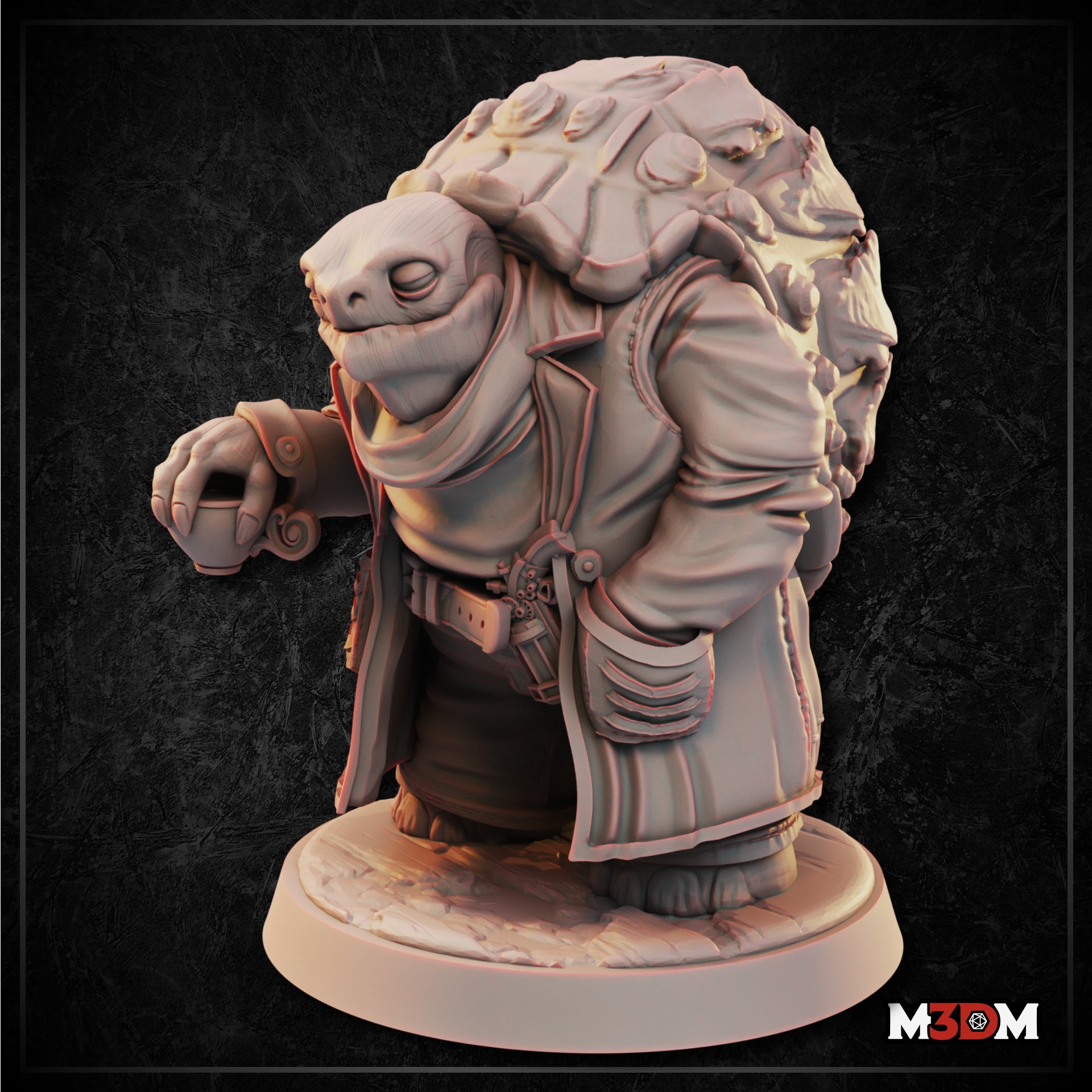 Tortle detective miniature shown at table scale next to a large d20, stocky build with open coat and heavy shell, broad reptilian face with half-closed eyes. Sculpt by Mia Kay M3DM.