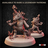 Digital render of two Toy Unicorn Butterfly Swarmkeeper miniatures side by side — stitched fabric-like body with button eye, clusters of sculpted butterflies on limbs and horn, rearing pose on a detailed textured base with grass and flowers