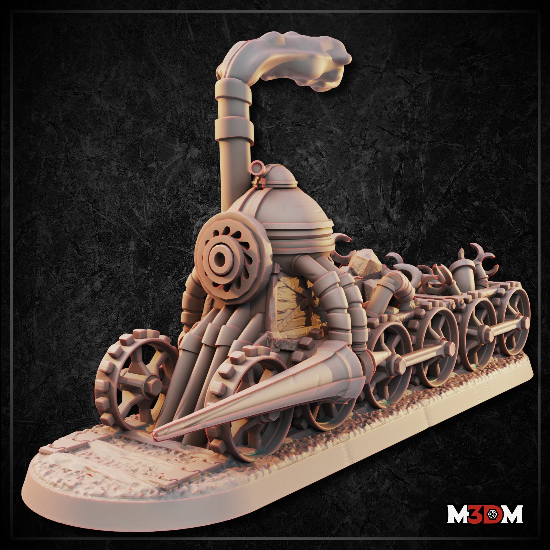 Printed grey resin Train Robot by Mia Kay M3DM on an oval base, showing the full locomotive construct with exhaust stack, segmented pipe arms, rear cargo bed with tools, and a row of iron wheels.