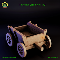 Digital render of a four-wheeled wooden transport cart miniature with an open flatbed, deeply grained planked sides, corner posts, and spoked wheels — Transport Cart variant 2 by The Toadstool Weaver, shown in unpainted tan render against a dark background