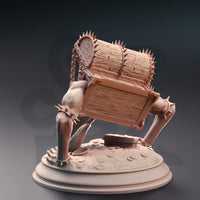 Rear three-quarter digital render of the Treasure Mimic miniature showing the detailed wood-grain texture across the back of the chest body, iron spike trim along the lid edges, muscular clawed arms braced against the base, and scattered coins and a book at its feet