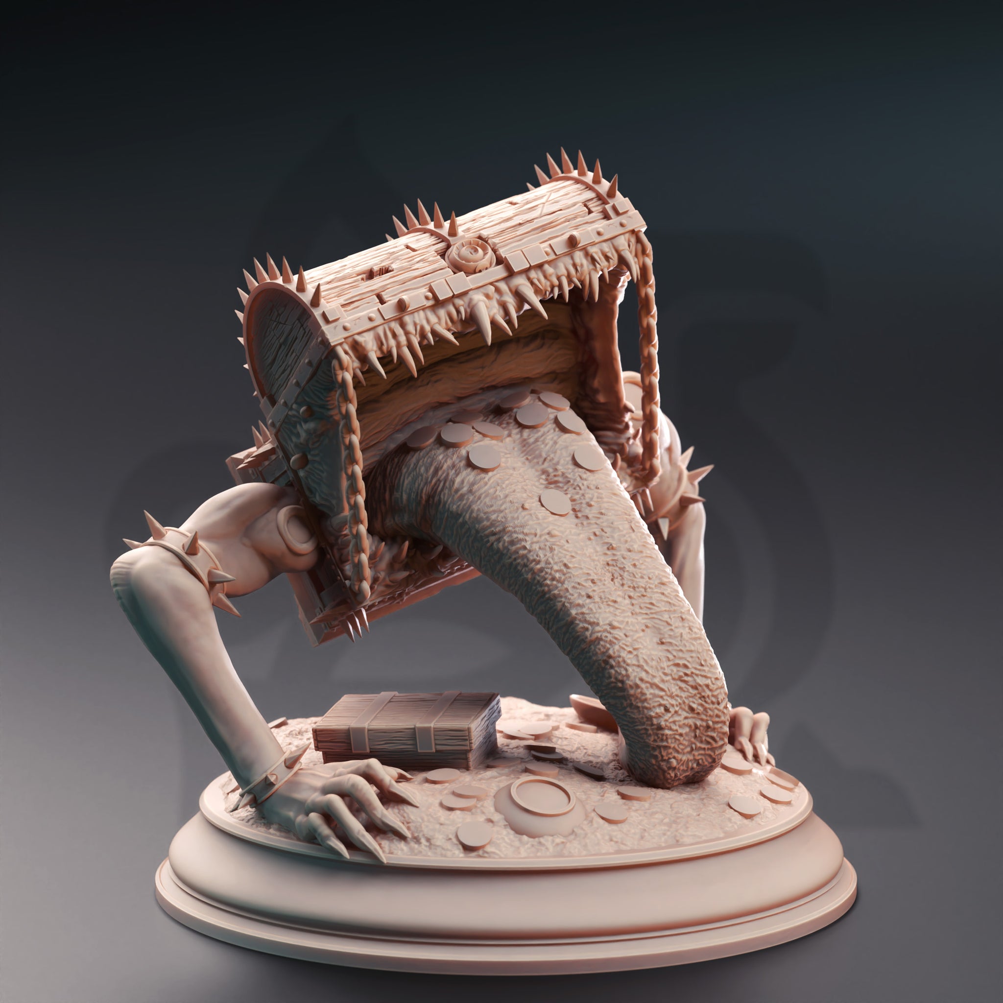 Side-on digital render of the Treasure Mimic miniature showing the open-mouthed chest with rows of jagged teeth along the lid's interior, iron chains hanging from the corners, and the heavily textured tongue extended downward toward the coin-strewn base