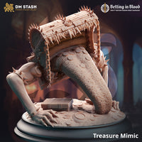 Digital render of the DM Stash Treasure Mimic miniature showing an unpainted resin sculpt — a spike-studded wooden chest thrown open mid-attack, with a thick textured tongue lunging forward, clawed hands gripping the ground, and a scenic base scattered with gold coins and a bound book