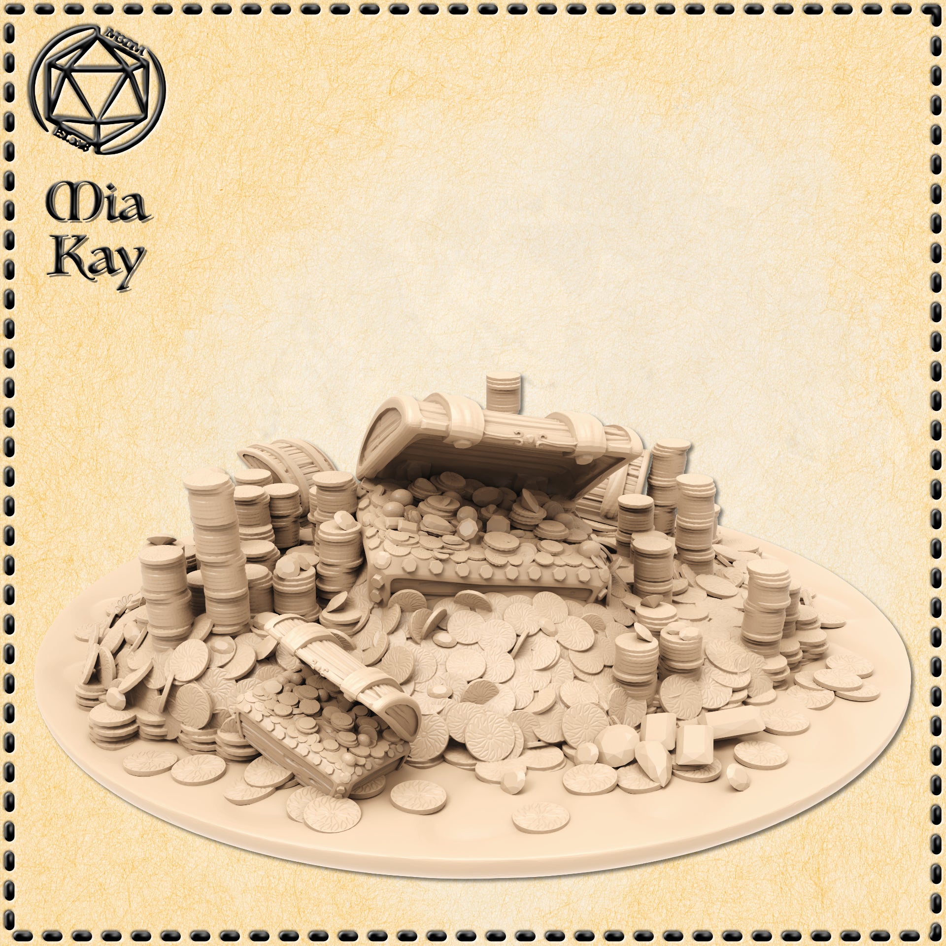 Digital render of a 32mm resin scatter terrain piece depicting a large treasure hoard — two open wooden chests surrounded by hundreds of individual coins stacked and scattered across a wide oval base, unpainted in cream resin, sculpted by Mia Kay M3DM