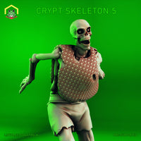 Digital render of Crypt Skeleton 5 by The Toadstool Weaver — an unpainted 32mm resin miniature of a skeleton in a running pose, wearing tattered scale armour and shredded cloth, jaw wide open and clawed hands outstretched, set against a bright green background