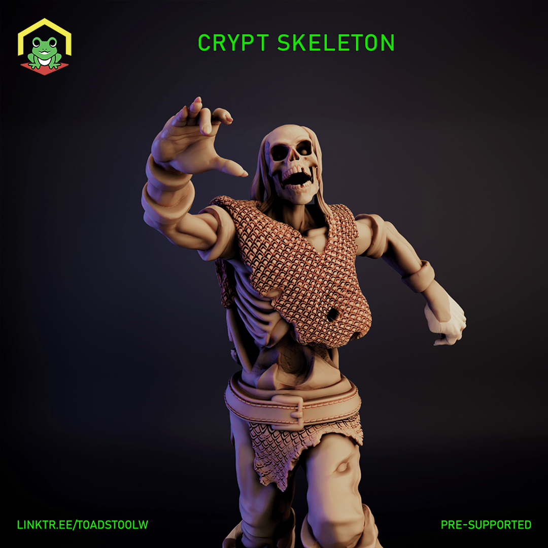Digital render of a Crypt Skeleton miniature at 32mm scale, showing a skeletal undead warrior in tattered scale-mail armour and a leather belt, one clawed hand outstretched and jaw open wide, with long hair trailing behind the exposed skull — by The Toadstool Weaver
