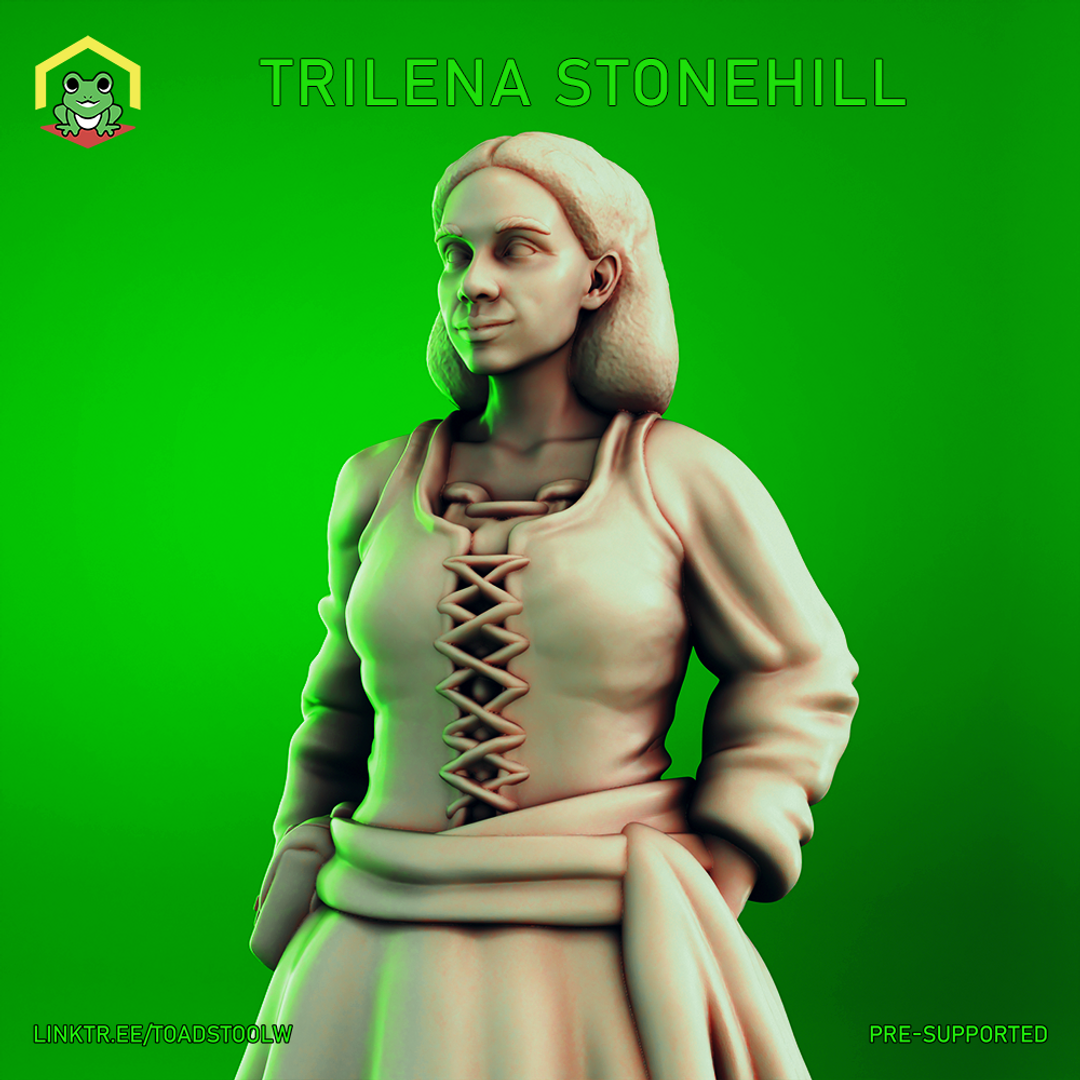 Digital render of the Trilena Stonehill 32mm miniature by The Toadstool Weaver — an unpainted grey resin sculpt of a human woman in a laced bodice and full-sleeved blouse, her hair loosely tied back, glancing sideways with a composed and watchful expression