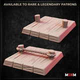 Digital render of two trip wire trap terrain pieces at 32mm scale — one with two bare wooden posts on a plank base, one with a twisted rope strung between the posts