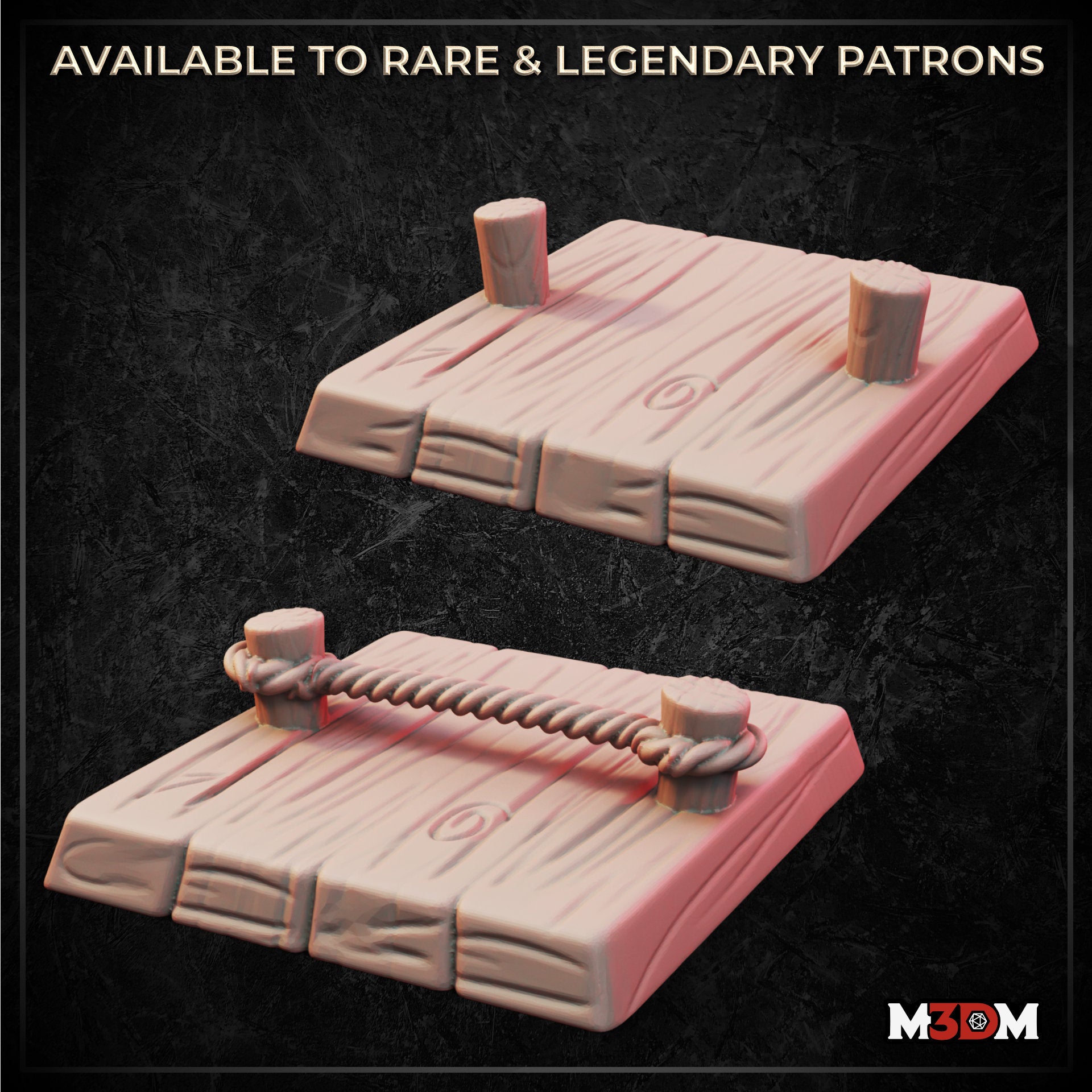 Digital render of two trip wire trap terrain pieces at 32mm scale — one with two bare wooden posts on a plank base, one with a twisted rope strung between the posts