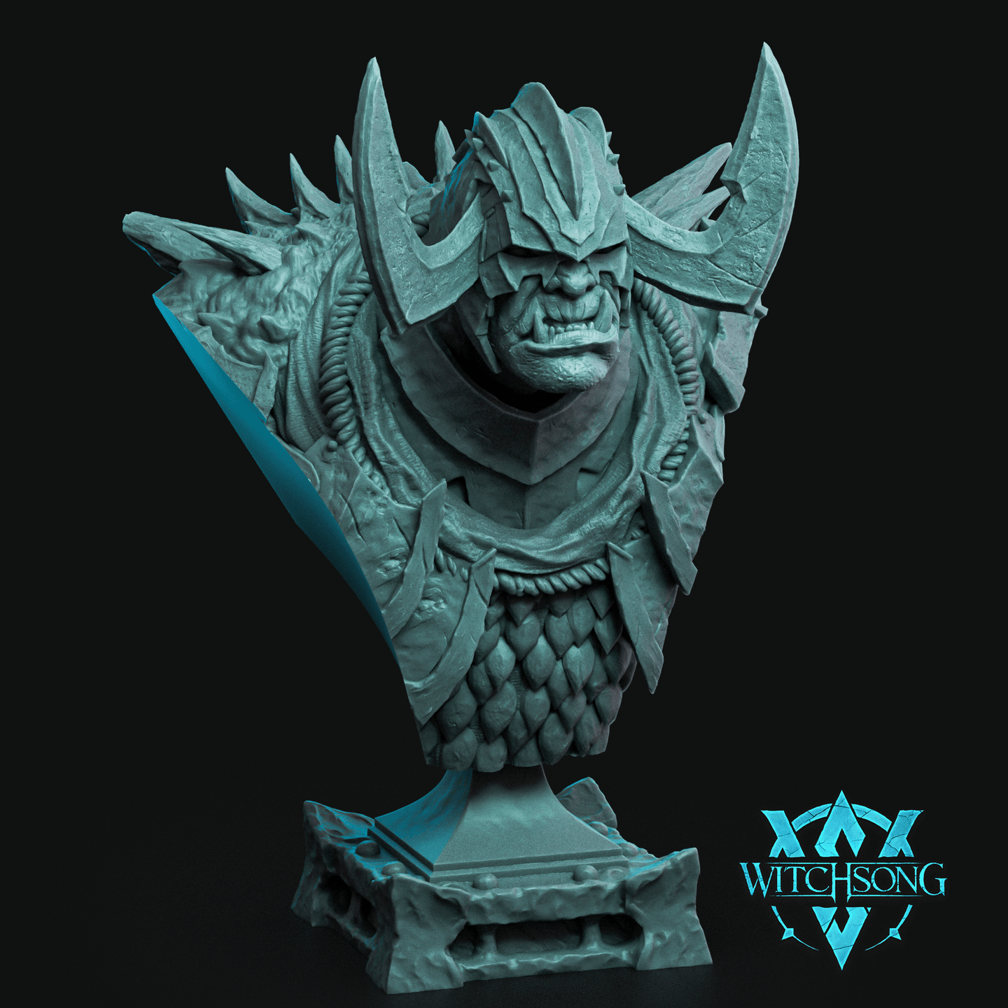 Digital render of the Troll Gate Guard Bust by Witchsong Miniatures — an unpainted teal resin bust of a scowling troll warlord wearing horned plate armour, scale-mail chest detail, and a coiled rope collar, mounted on a stepped stone plinth against a black background
