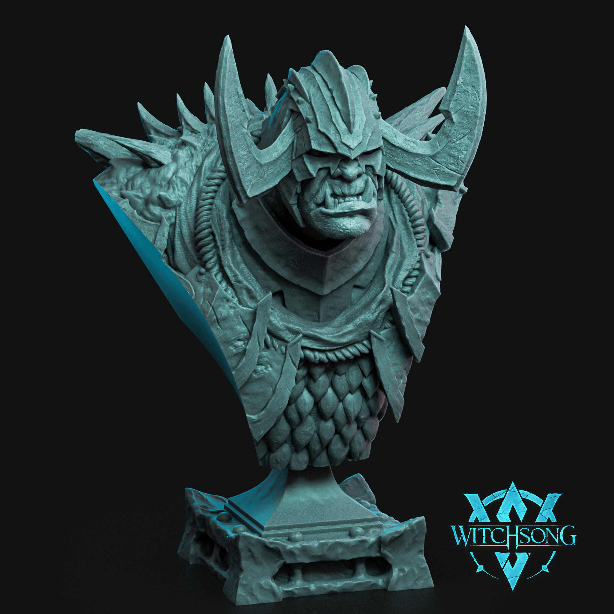 Digital render of the Troll Gate Guard Bust by Witchsong Miniatures — an unpainted teal resin bust of a scowling troll warlord wearing horned plate armour, scale-mail chest detail, and a coiled rope collar, mounted on a stepped stone plinth against a black background