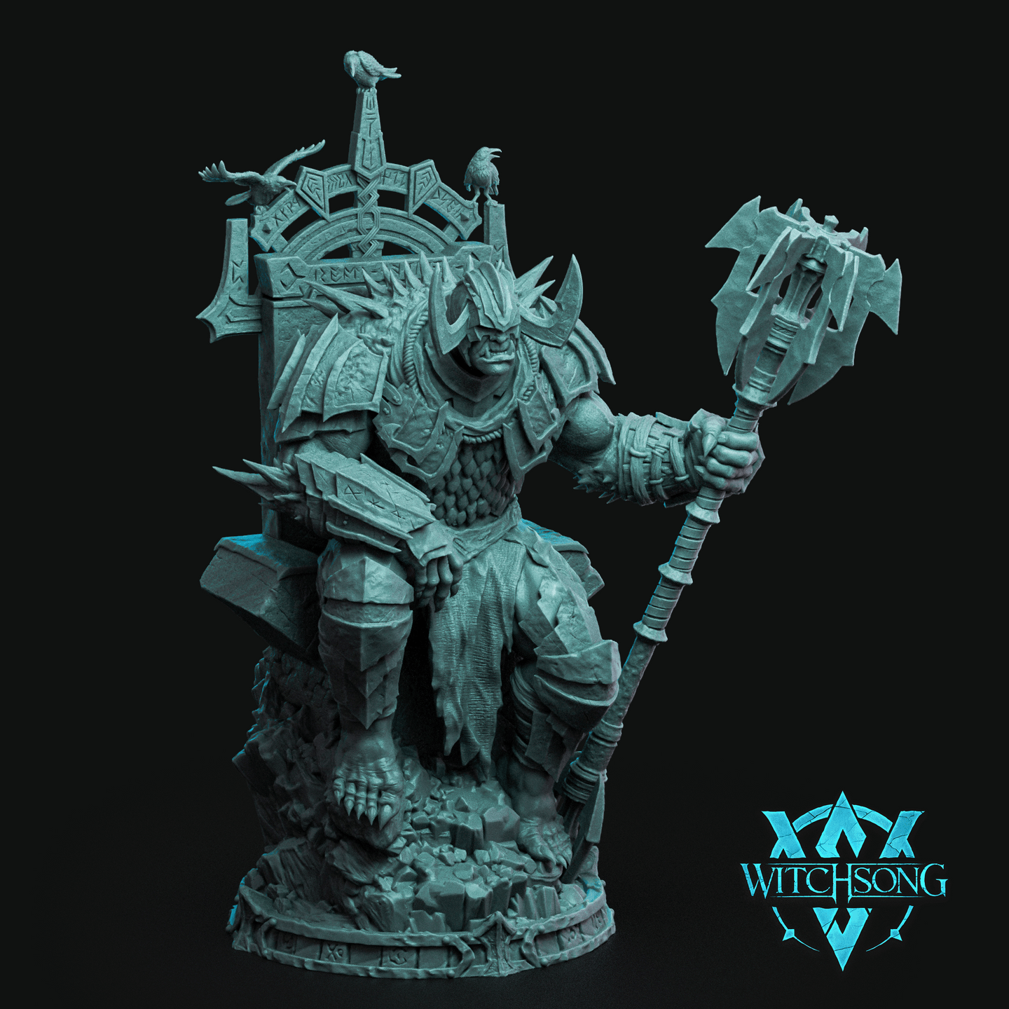 Digital render of the Troll Gate Guard miniature by Witchsong Miniatures — an unpainted teal resin-coloured large troll warlord seated on a rune-carved stone throne, holding a massive jagged axe, with three ravens perched on the throne's hammer-finial frame and rubble crushed beneath his feet